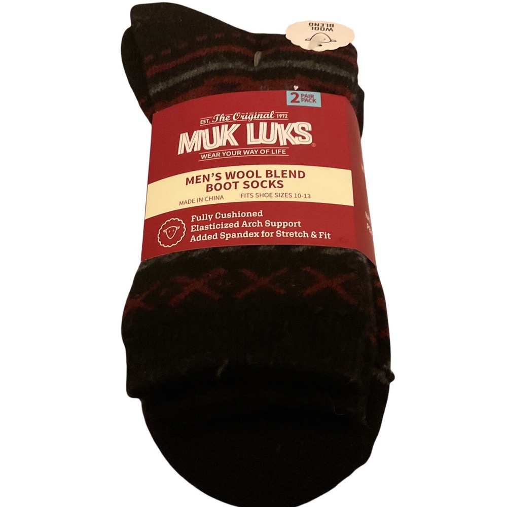 Muk Luks Mens Wool Blend Boot Socks 2 Pair Pack Black Red‎ Gray Shoe Size 10 13